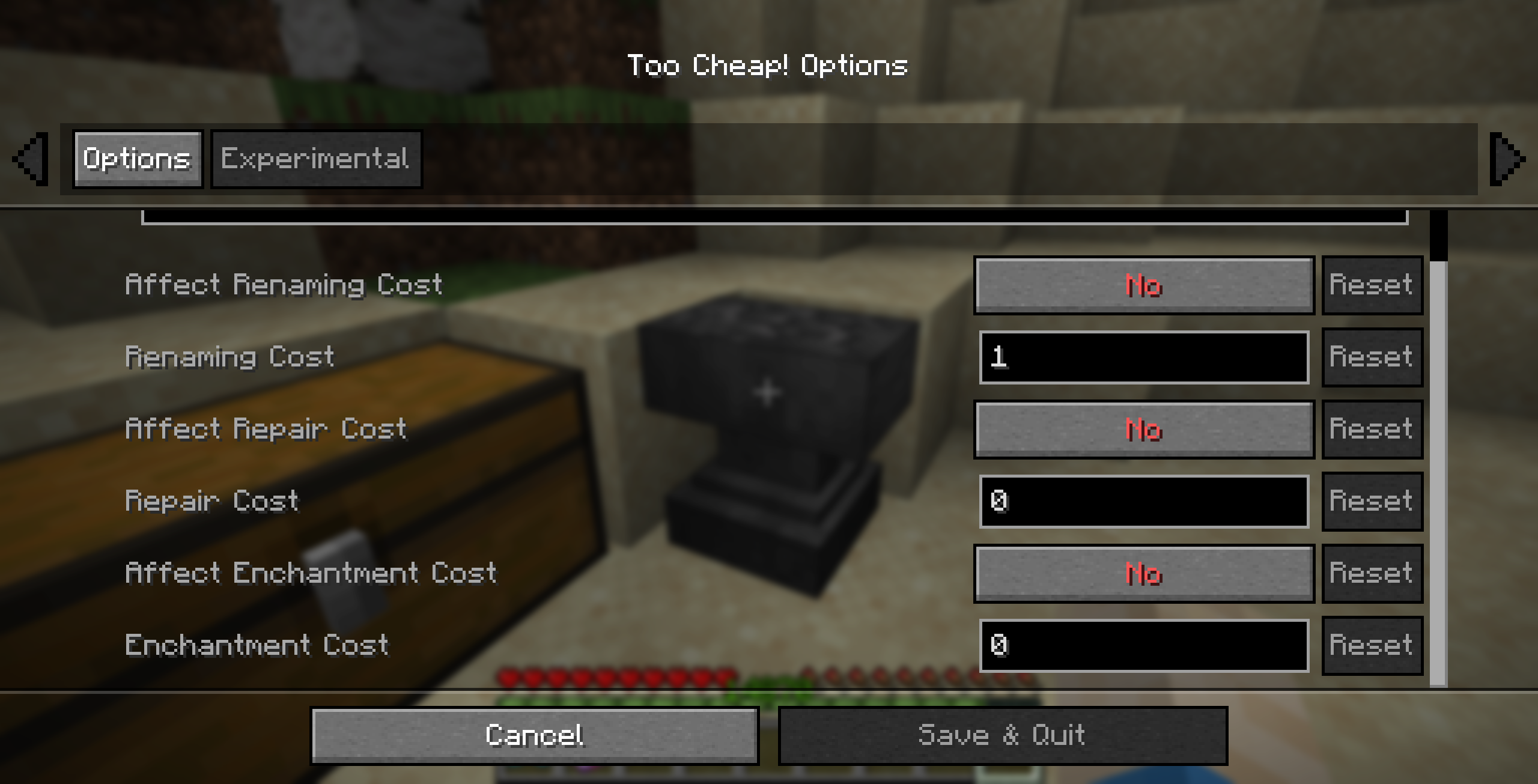Experimental page of the settings menu.