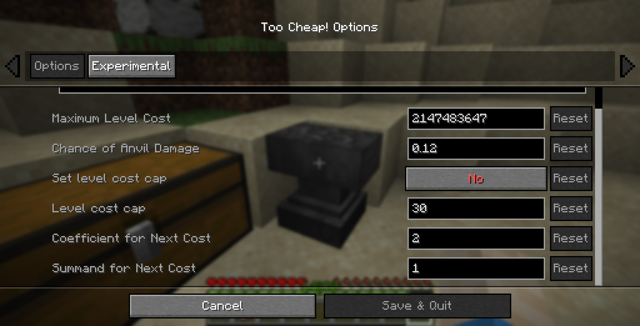 Options page of the settings menu.