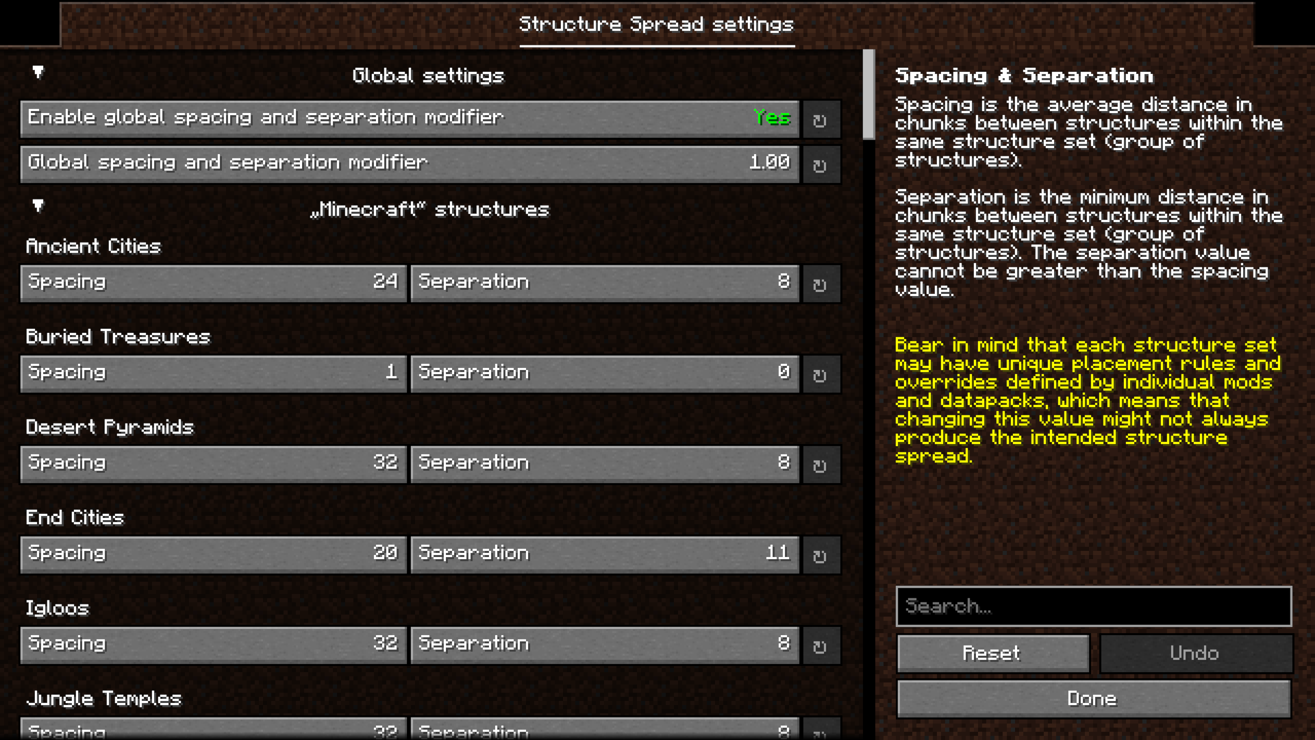 Structure Spread settings