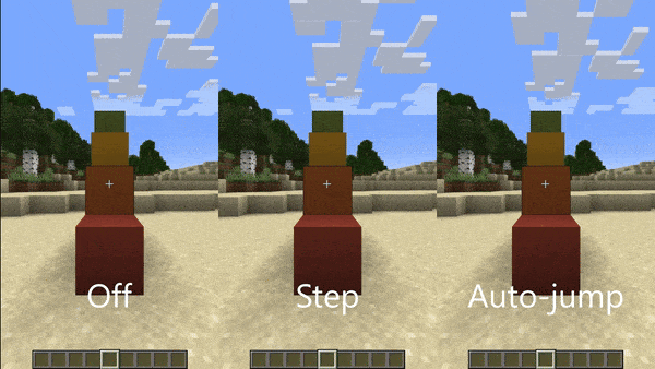 A side-by-side comparison of the step assistance being off, in step mode, or using the built-in auto-jump.