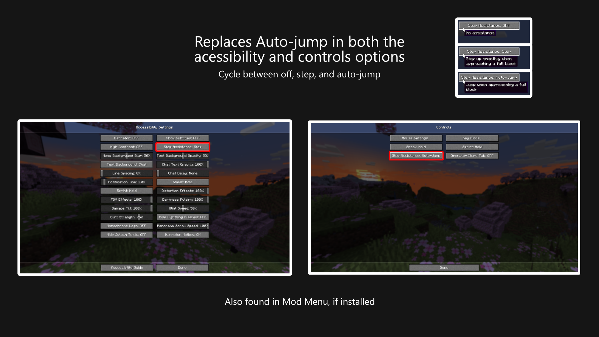 The three different values of the Step Assistance option, and where to find them in the Accessibility and Controls screens.