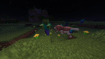 A Dog attacking a Zombie with a Diamond Sword
