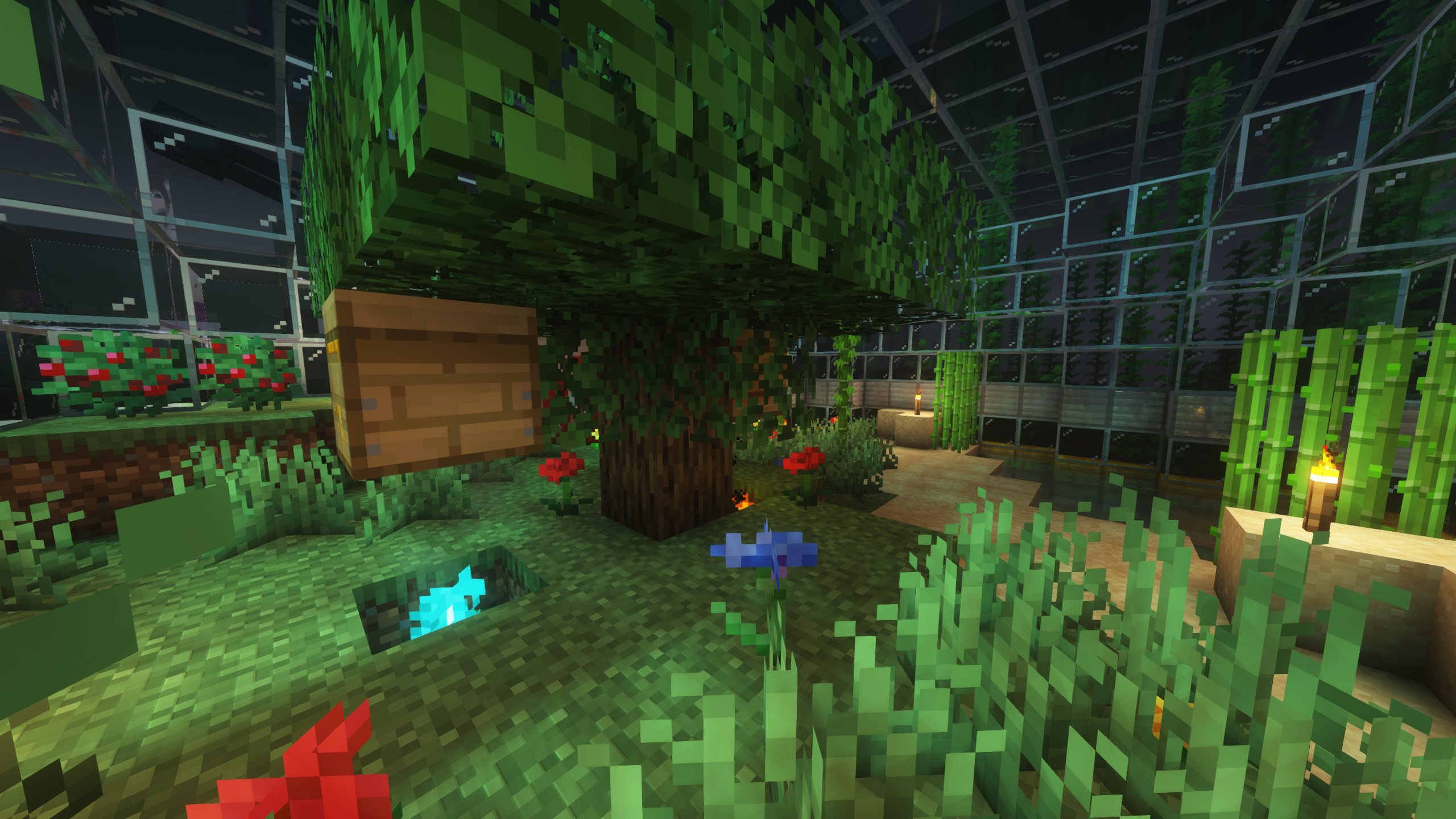 A screenshot from inside my main base using this modpack and the Rethinking Voxels shader