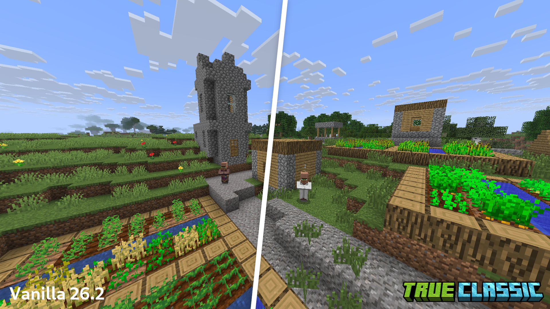 A comparison of the same village in 26.2 with and without True Classic