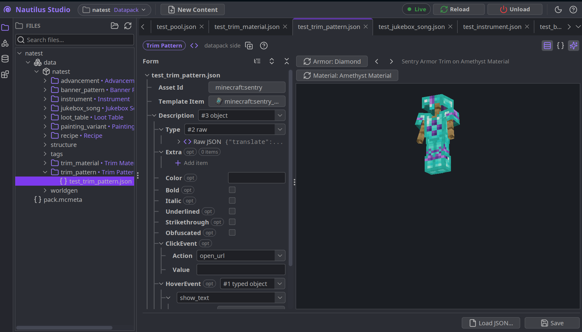 The Nautilus Studio workbench with file tree, generated form, and live JSON