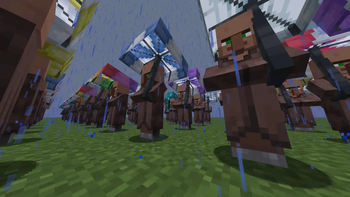 Villagers holding umbrellas, seen from below