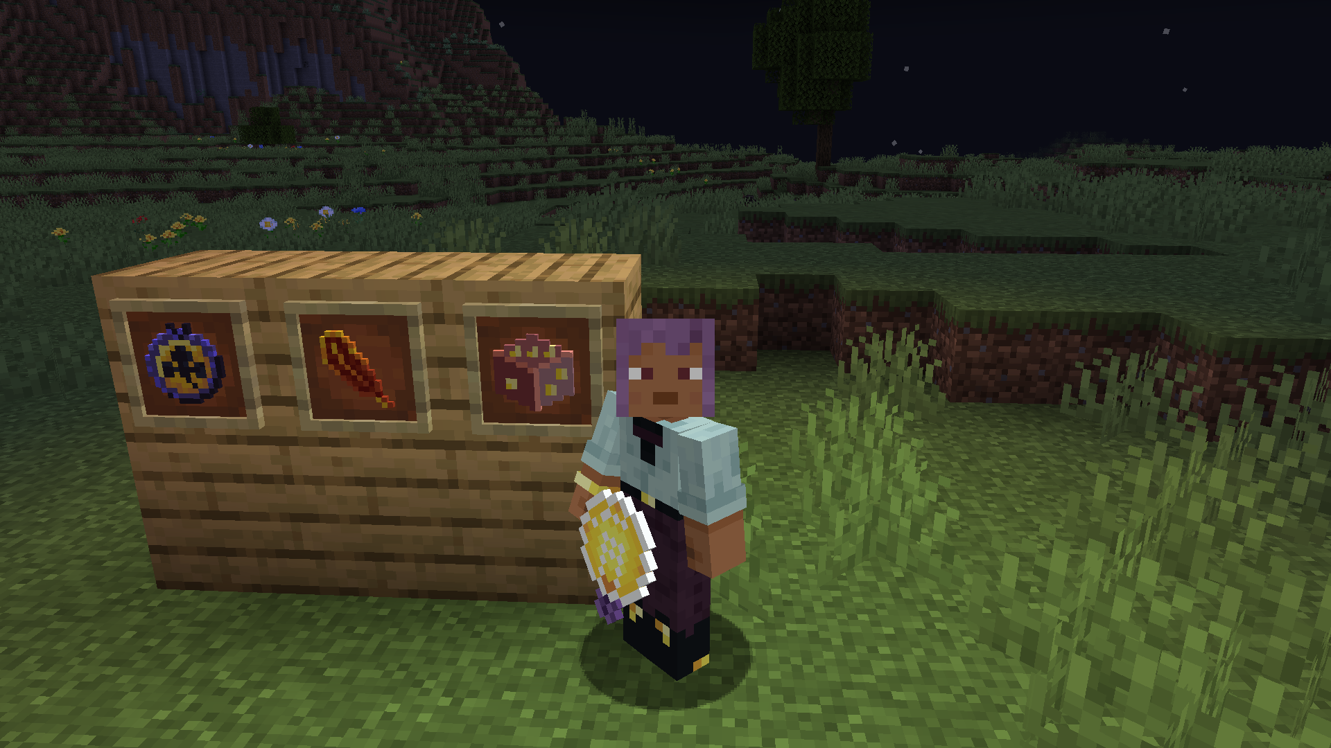 Silver's Amber, Calamus's Feather, and George's Die on item frames, along with The Sun held by the player.