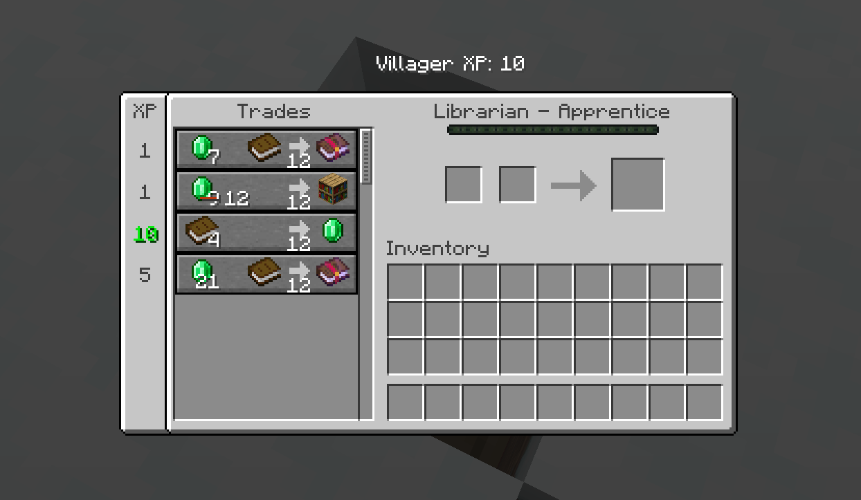 Image of the mod, shows Villager XP, trades until disabled, and XP of each trade