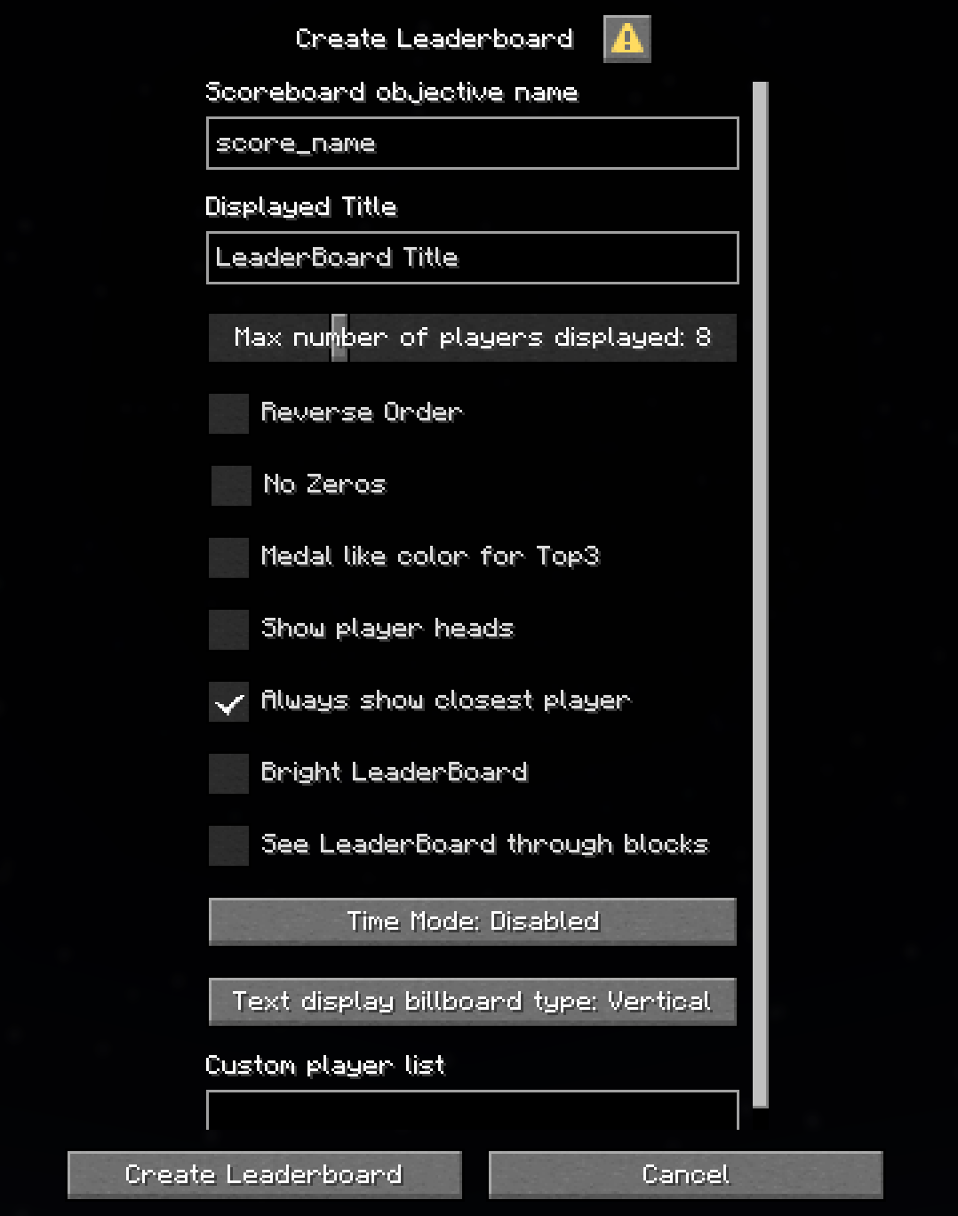 Add Leaderboard Dialog menu